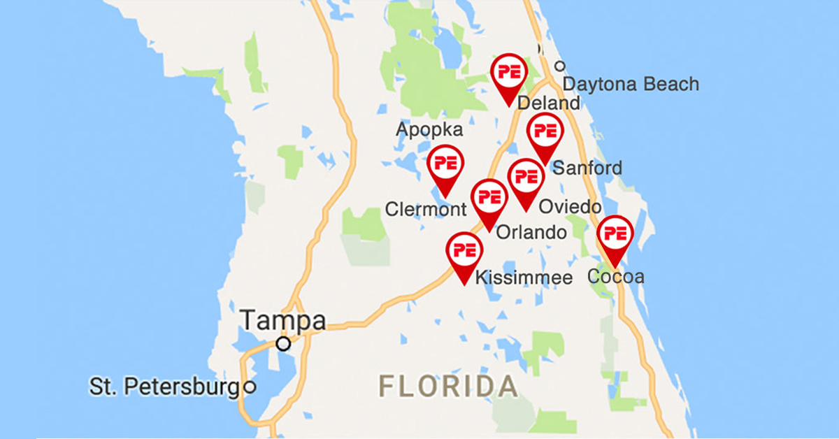 Map of Central Florida, pinpointing to Orlando, Daytona Beach, Deland, Sanford, Oviedo, Kissimmee, Clermont, Apopka, Cocoa