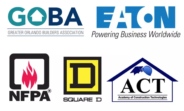 Logos of GOBA greater Orlando Builders Association, EATON Powering Business Worldwide, NFPA, SQUARE D, ACT Academy of Construction Technologies, Orlando Commerical New Construction