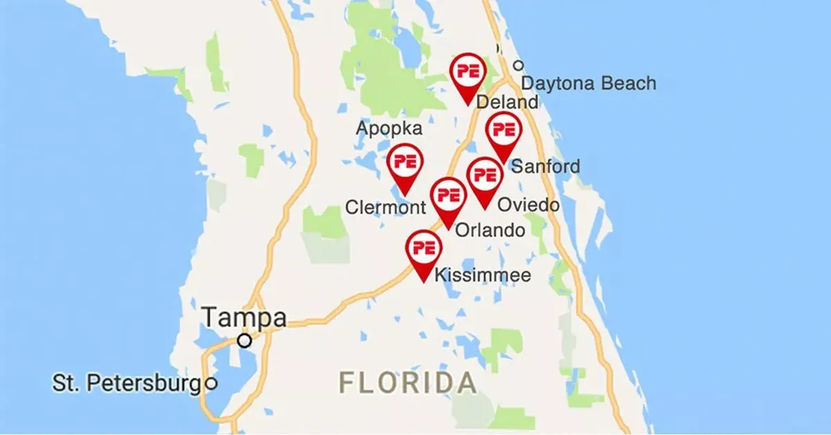 Map of Central Florida, pinpointing to Orlando, Daytona Beach, Deland, Sanford, Oviedo, Kissimmee, Clermont, Apopka